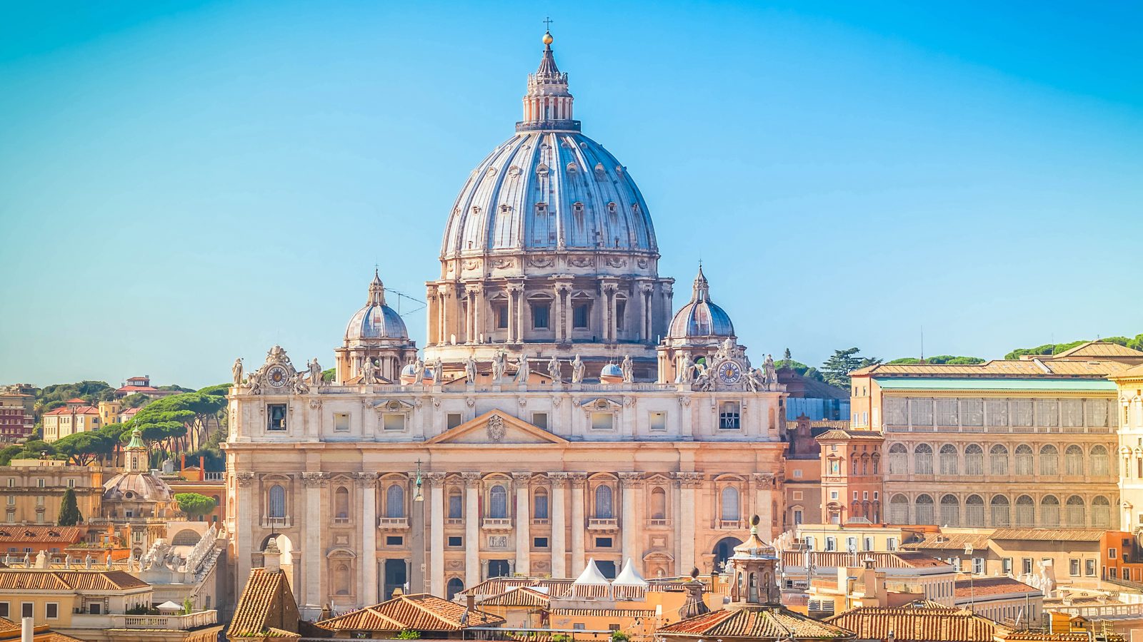 The dome and facade of St Peter's Basilica in Rome, where the Testimonium is issued to arriving pilgrims